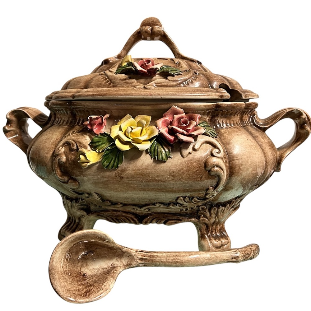 Floral Embellished Ceramic Tureen with Ladle- Capodimonte - Large
